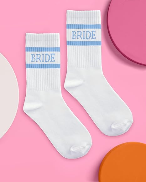 Bride Socks, White + Blue | Bride To Be Something Blue Gift, Bachelorette Decorations, Wedding Day Slippers, Bridal Footwear Gift