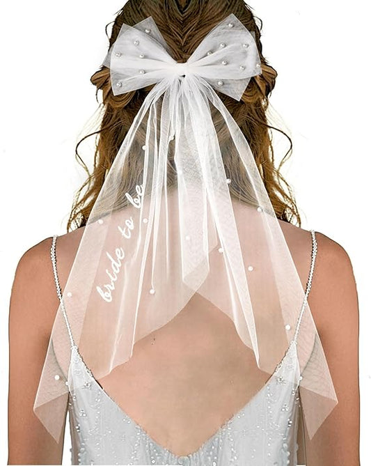 Bride to Be Embroidered Hair Bow Veil for Bachelorette Party Bridal Shower Tulle Pearl 2 Tier Bow Veil Engagement Accessory Bride Gift Velos De Novia