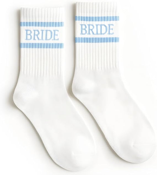 Bride Socks, White + Blue | Bride To Be Something Blue Gift, Bachelorette Decorations, Wedding Day Slippers, Bridal Footwear Gift