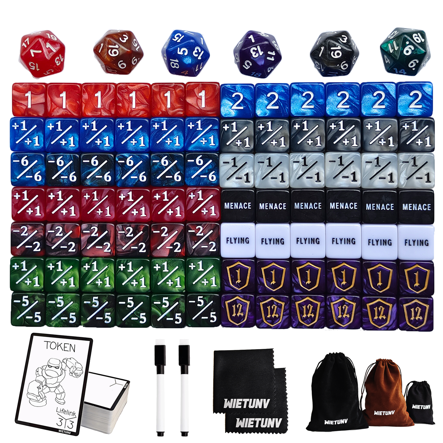 WIETUNV  MTG Dice Set 157 Pieces - D20 Spindown Life Counter with 60 Tokens for Magic The Gathering, Commander EDH Loyalty Counters, +1/+1 Counters, TCG Accessories with Storage Bags